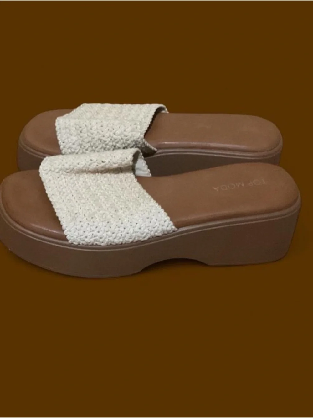Cream Woven Platform Slide Sandals with Brown Sole